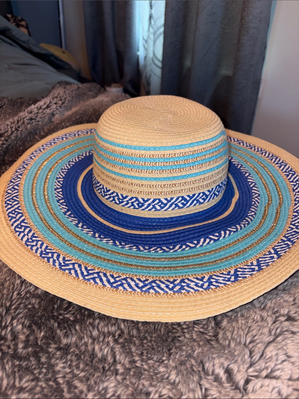Tahari- Wide Brim Straw Sun Hat - Blue & Teal Accent